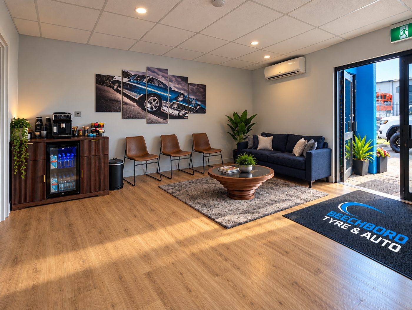 The customer waiting area at the new Malaga workshop — couch, coffee machine and a fridge of cold drinks